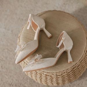 Diamond Bow Tie Single Shoes Thin Heel Shoes High Heel Shoes 6.5cm Sandaler Summer Womens Party Wedding Shoes Sexy 240307