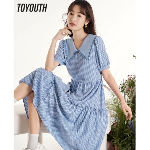 Dress Toyouth Women Dress 2023 Summer Short Sleeve Large Lapel Ashape Light Blue Checker Embroidery Lace Elegant Midlength Skirt
