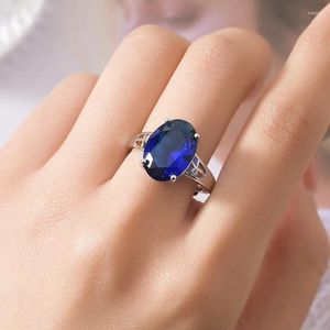 Anéis de cluster simples e elegante oval simulado safira anel aberto moda feminina jóias ocas