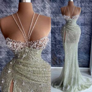 Arabski rozmiar Plus Aso Ebi Sier Sier Mermaid Luksusowe sukienki balowe Seksowne wieczór Formalne przyjęcie Drugi przyjęcie urodzinowe suknie zaręczynowe sukienka ZJ406