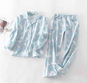 Reine Baumwolle Pyjama Set Frauen Pyjama Cartoon Bunny Print Weibliche Winter Nachtwäsche Warme Sexy Homewear Lange Hemd Hosen 2 stück Set 29537196