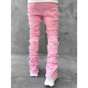 Męskie dżinsy męskie dżinsy fringe fringe hip-hop krawędź elastyczna łatka punkowa rock długie ciasne dopasowanie dżinsów dżinsowe spodnie niebieskie różowe streetwearl 03 218 225