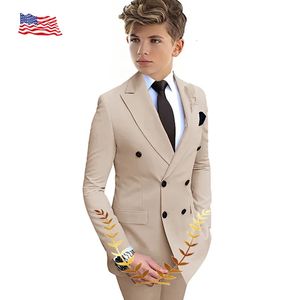 Beige Boys Suit 2 sztuki Podwójne wycięte klapy płaskie Slim Fit Casual Tuxedos dla Weddingblazerpants 240304