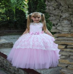 Adorável menina pageant vestido rosa princesa até o chão renda tule vestido de baile com faixa bowknot jóia volta buraco da fechadura flor girls6817925