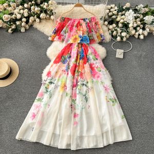 Casual Dresses 2024 Summer Off Shoulder Gorgeous Flower Holiday Chiffon Flowy Dress Women's Bow Belt Elastic Waist Floral Print Long Robe