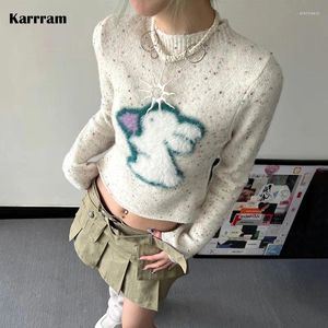 Suéteres femininos Karrram japonês y2k cortado vintage coelho bordado de malha pulôver mulheres moda coreana flare manga jumpers bonito