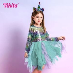 Vestidos Vikita Meninas Sereia Vestido Bebê Meninas Crianças Vestidos de Algodão Crianças Outono Inverno Manga Longa Roupas Crianças Escamas de Peixe Faísca