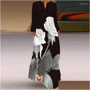 Grundlegende Freizeitkleider 3D-Rose bedrucktes schwarzes Kleid Herbst Langarm Strand Casual Plus Size Kleider Frau Elegant Drop Delivery Appa Dh4Sq