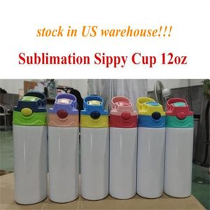 Local Warehouse sublimation straight sippy cup 12oz kids watter bottle flip tops lids tumbler stainless steel straw cups good qual287e