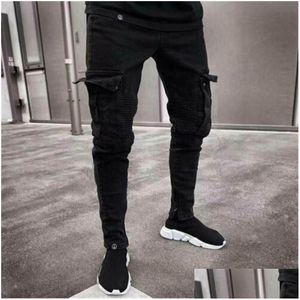 Men'S Pants Mens Pants Fashion Stretch Destroyed Ripped Cargo Pleated Male Mti-Pocket Skinny Fit Black Combat Denim Pencil Drop Deliv Dhbuc