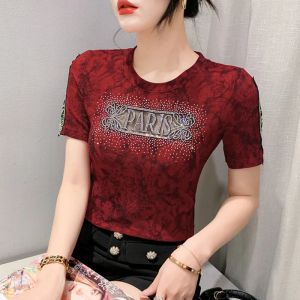 T-Shirts Neue Kurzarm Mesh T hemd Koreanische Mode Sommer Printted Tops Patchwork Brief Diamant Casual Frauen Shirt