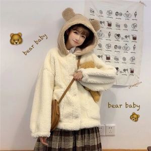 Parkas kvinnor lolita teddy huva mjukt tjej mjukt tyg söt kawaii björn öron rockar japanska ins söta plysch vit jacka ungdomlig parka