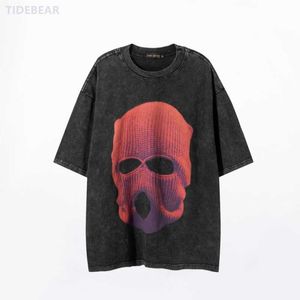 Men's T-Shirts Vintage Wash Water To Do Old High Street Red Headgear Printed Hip Hop Casual Crew Neck Short Sleeve T-shirt Man T240309