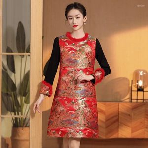 Abbigliamento etnico Anno rosso Abiti in stile cinese ricamare fiore cheongsam autunno inverno qipao manica lunga a manica lunga hanfu eleganti vestidos