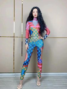 Stage Wear Sexy Silver Crystals Colorful Spandex Jumpsuit Women Nightclub Birthday Celebrate Party Outfit Performance Dance Leggings