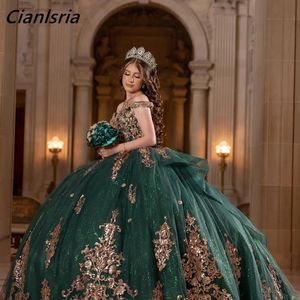 Emerald Green Off The Shoulder Bow Quinceanera Dresses Ball Gown Gold Sequined Appliques Beading Corset Vestidos De 15 Anos