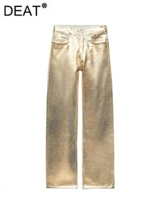 DEAT Womens Coated Denim Pants Mid Wasit Loose Gold Washed Vintage Long Straight Cargo Jeans 2024 Spring Fashion 19F1050 240304