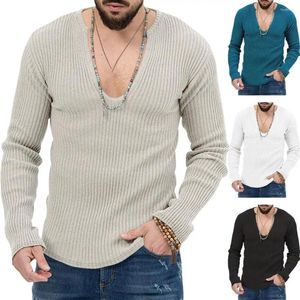 Мужские свитера, тонкий ребристый мужской свитер, стильный облегающий мягкий теплый трикотаж с v-образным вырезом на осень/зиму, повседневный пуловер, топ
