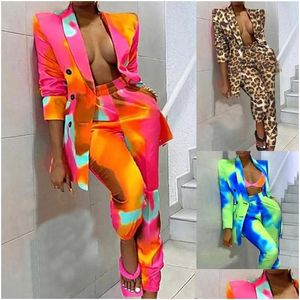 Calças femininas de duas peças calças de duas peças lindo outono feminino terno tie dye turn-down colarinho cintura elástica cardigan manga longa dhr46