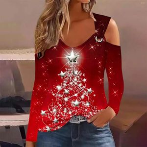 Women's T Shirts Sexy Off Shoulder Shirt Women Casual Top Femme 2024 Autumn Winter Christmas Print Tee For Hollow Out T-shirt