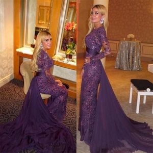 Fashion Purple Mermaid Evening Dresses With Detachable Train Jewel Neck Long Sleeves Lace Prom Gowns Appliqued Plus Size Formal Dr287p