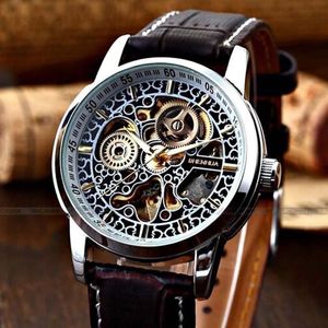 Shenhua Fashion Vintage Watch Men Skeleton Watches Leather Band Automatiska mekaniska armbandsur Relogio Masculino reloj HOMBRE232R