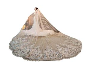 1 Layer Lace Applique Wedding Veil Cathedral Bridal Veils Appliques Lace Edge Crystals 1T With Comb Attached Custom Made Long 4 M 2718262