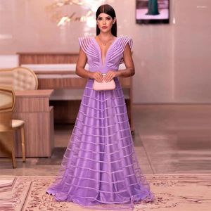 Festklänningar Sevintage Lavender Prom V Neck Cap ärmar A-Line Pleat Ruched Saudi Arabic Evening Clow Formal Dress 2024