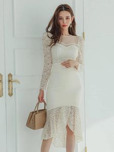 Casual Dresses Spring Autumn Ladies Lace Mermaid Women Mujer Chic See Through Sexy O-Neck Wrap Hip Dress Vestido Fiesta Robe Femme