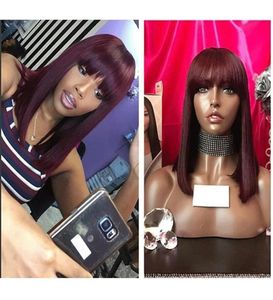 Ombre vermelho bob perucas com franja 13x6 frente do laço perucas de cabelo humano indiano remy cabelo em linha reta completa para as mulheres com bang preto hair1062965