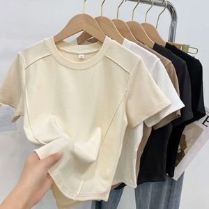 2024 T-shirt nuova in cotone tinta unita girocollo a maniche corte T-shirt slim fit per le donne nell'estate della camicia a spalla corta a lisca di pesce alla moda e per ridurre l'età