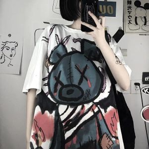 T-Shirt Women Gothic Anime T Shirt Graphic Bear Tshirt Short Sleeve Korean Pastel Goth Kawaii Clothes Grunge Tops Tee Shirt Femme 2021