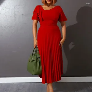 Etnisk kläder Summer Red Africa Dress for Women Nigerian African Fashion Elegant Flare ärmar Hög midja veckad Robe Femme