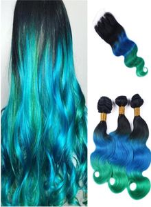 Ombre-Farbe, unverarbeitete europäische Haarfarbenprodukte, 1b, Blau, Grün, dreifarbig, russisches reines Menschenhaar, Bündel mit Spitzenverschluss, 9349094