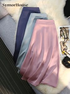 Dresses Spring Summer Silk Satin Long Skirts for Women Elegant Pink A line Skirt Side Zipper Back Elastic Band Fashion Skirt Female