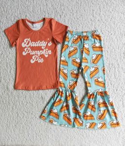 Cała dziewczyna ustawiła ubrania na Święto Dziękczynienia Orange Letter Koszulka Dyniowa Pie Shorts Bell Pants Dzieciowe stroje mody 5749085