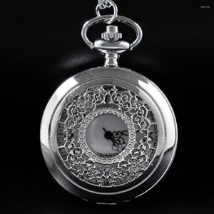 Карманные часы Винтажные серебряные узоры с полыми арабскими цифровыми кварцевыми часами с ожерельем и подвеской Часы-брелок-цепочка Мужские женские Cf1008