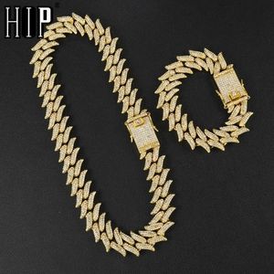 Hip hop bling gelado para fora cheio de strass espinhos masculino pulseira ouro prong cubana link corrente pulseira colar para homens jóias y22937