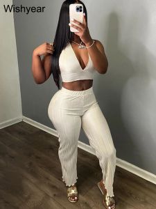 Suits Sexy V Neck Halter Lace Up Crop Top + Wide Leg Pants Two Piece Set Women Clothing Elegant Pleated Night Club Rave Party Outfits
