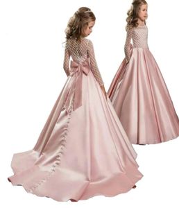 Новые платья с цветочным узором для девочек, детское кружевное вечернее свадебное платье с длинными рукавами и большим бантом, торжественное детское бальное платье5742864