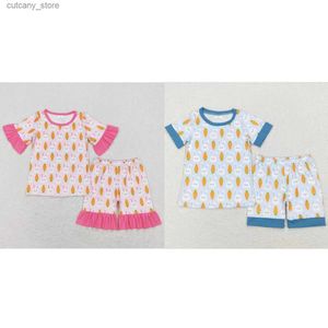 Tシャツ卸売幼児イースターパジャマ半径ニンジンウサギトップショーツショーツ子供春の服をマッチする男の子の女の子の子供セットL240311