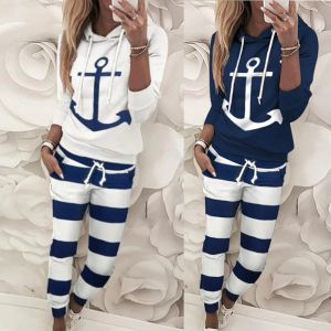 Capris Drawstring Anchor Printing Twopiece Women Full Sleeve Hooded Top & Long Pants Suit Clothes Set Clothing Sport Suit Fashion New