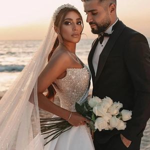 Stylish Beaded Mermaid Wedding Dresses With Detachable Train One Shoulder Long Sleeves Bridal Gowns Sequined Satin robe de YD