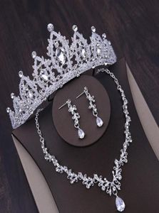 Acessórios para vestido de noiva, coroa de casamento de alta qualidade, colar e brincos, conjunto de três peças, cristal branco, strass incrustados, festa 9365683