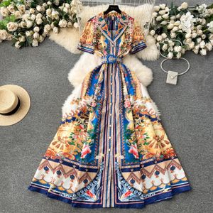 Sukienki swobodne Spring Vintage Floral Printed Sukienka wysoka talia w dekolcie z dekoltem laska krótka plisowana sukienka biała czerwona sukienki z długim rękawem 2024