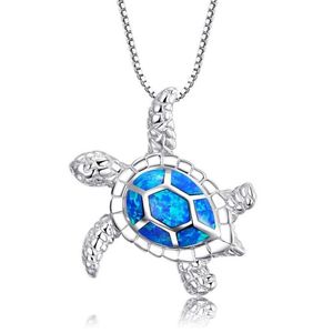 New Fashion Cute Silver Filled Blue Opal Sea Turtle Pendant Necklace For Women Female Animal Wedding Ocean Beach Jewelry Gift228l