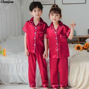 Kleider Kinder Satin Pamas Kinder Weihnachten Pamas 3 bis 14 Jahre Mädchen Seiden Pamas Jungen Nachtanzug Kleinkind Kinder Silk Nachtkleid