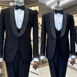 Svart paljett Mens Wedding Tuxedos Shawl Lapel Ceremony Groom Wear Party Birthday Pants Suits 3 Pieces Costume Homme Mariage