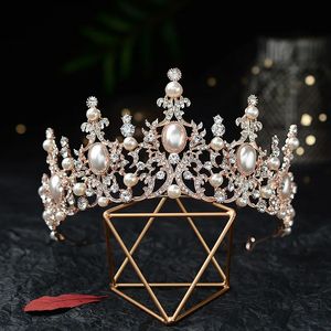 Kmvexo barock rosguld färg kristallpärlor brud tiaras krona strimmeston pageant diadem pannband bröllop hår smycken 240301