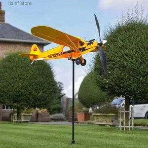 Garden Decorations 3D Piper J3 Cub Wind Spinner Plane Metal Airplane Weather Vane Outdoor Roof Wind Direction Indicator Weathervane Garden Decor T240309